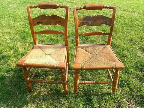 2 FARMHOUSE Ethan Allen Hitchcock Signed Stencil Eagle Side Chairs Rush Seats Cover
