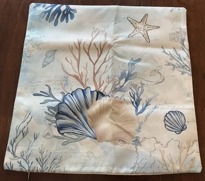 CUBIERTA DE ALMOHADA COSTERA HOGAR PLAYA CONCHAS MARINAS CORAL VIDA MARINA ~18x18” NUEVA SIN ETIQUETAS Foto 1 de 4
