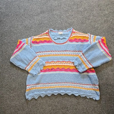 Suéter POL Para Mujer Talla Mediana Azul Rosa Rayas Tejido Abierto Caprichoso Crochet Informal Foto 1 de 4