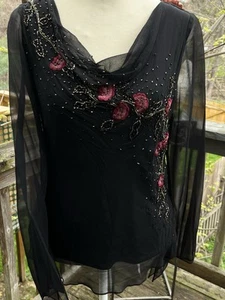 XSCAPE by Joanna Chen Women’s Size 4 Black Beaded 100% Silk Blouse Top - Picture 1 of 7