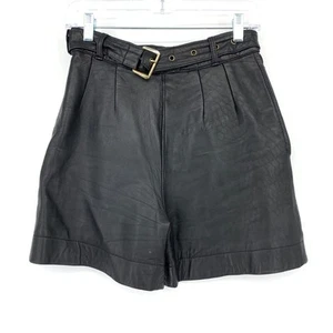 Vintage Leather High Waisted Belted Shorts Womens Size 27" Pleated Front Black - Picture 1 of 4