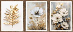 3er-Set gerahmte Bilder BLUMEN GOLD 3 x 30 x 40 cm – Elegante Wanddeko - Bild 1 von 2