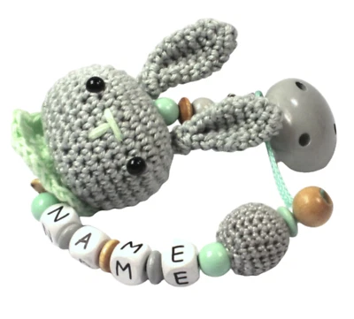 Schnullerkette mit Namen Hase Amigurumi Junge Babygeschenk Babyparty - Bild 1 von 4