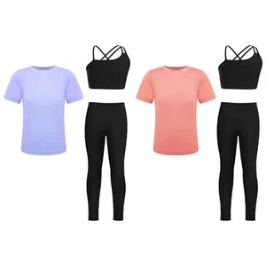 Kids Girls Sportswear 3 Pieces Shirts With Crop Tops And Pants Solid Color Sets - Picture 1 of 23