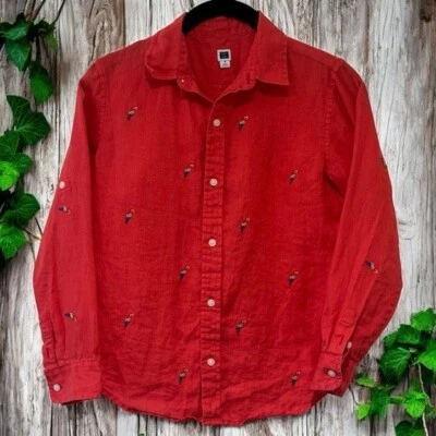 Janie and Jack Red Parrot Embroidered Linen Long Sleeve Button Down Boy's Size 8 - Image 1 of 4