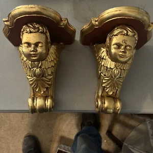 Vtg. 2- Angel Cherub Face Wall Sconce Shelf Gold And  burgundy, Distressed Beaut - Picture 1 of 10