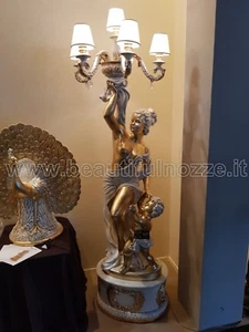 LUME A 6 LUCI CON STATUA DONNA E BAMBINO IN CERAMICA AVORIO E FOGLIA ORO - Imagen 1 de 1