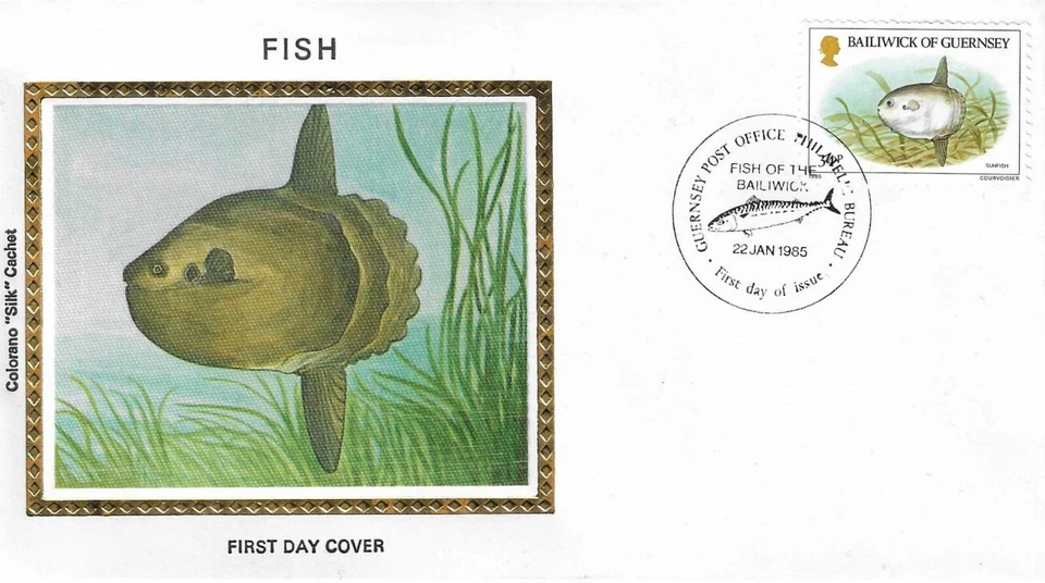Fish Fishing Huge Ocean Sunfish Guernsey GB Clean Gold Colorano Silk FDC 1985 - Image 1 of 1