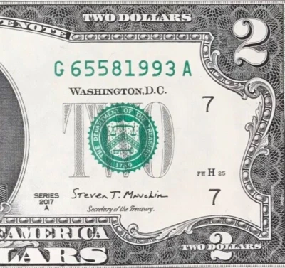G 6558 1993 A : TRAILING YEAR 1993 $2 Two Dollar Bill Serial Number - Image 1 of 3