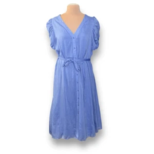 DKNY Dress Blue Chambray Front Button Vneck Short Puff Sleeve Midi Size 16 - Picture 1 of 10