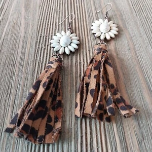 Leopard Tassel Southwest Boho Cowgirl Drop Dangle Hook Earrings Handmade - Picture 1 of 6