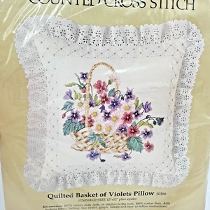 1985 Quilted Basket of Violets Pillow Cross Stitch Kit Something Special New - Picture 1 of 6