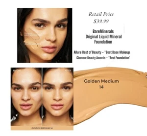 Base mineral líquido original Mfg sellada BareMinerals dorada mediana 14 - Imagen 1 de 23