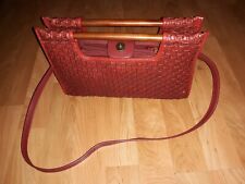 FOSSIL Red Brick Woven Leather w/ Wooden Handles Satchel  Bag