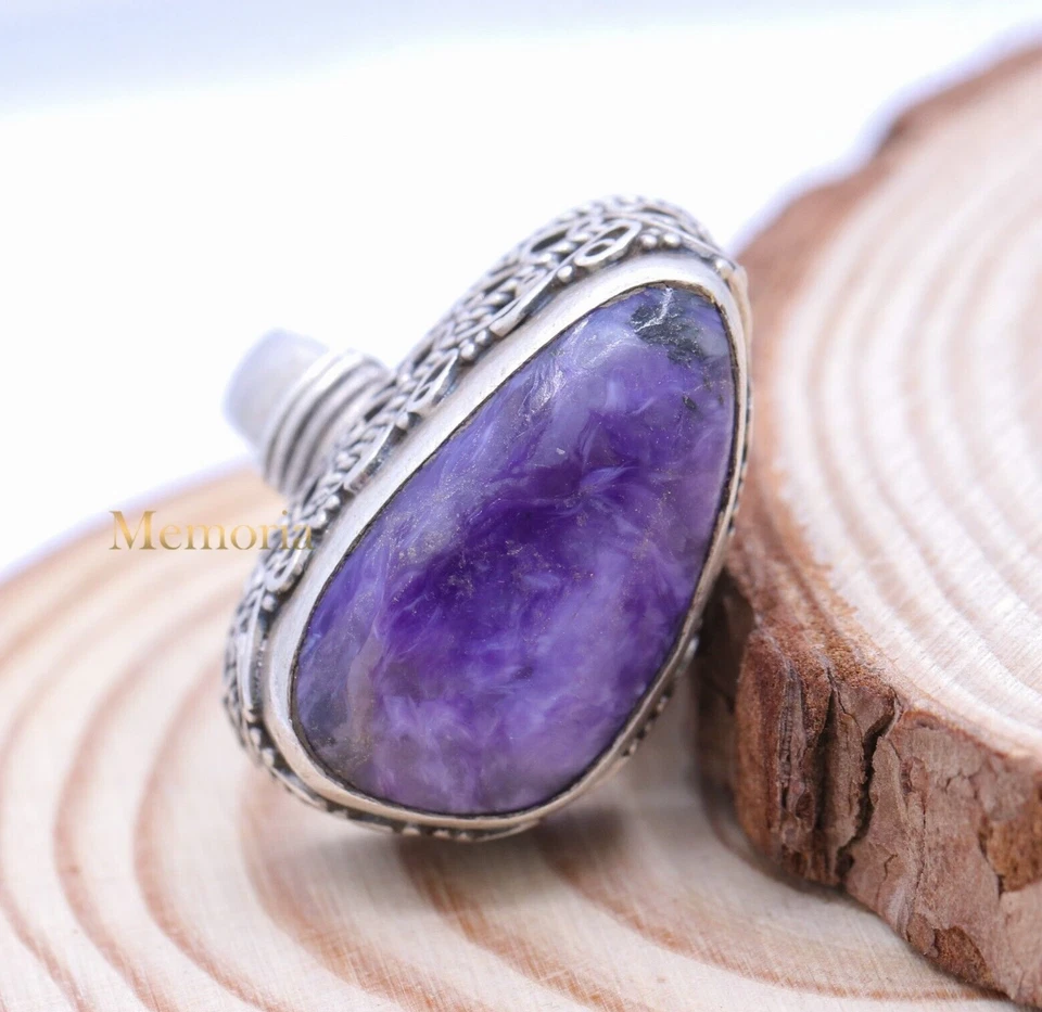 Anello Dichiarativo In Charoite In Argento Sterling 925 Fatti A Mano Da Uomo - Immagine 1 di 4
