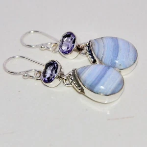 Gemstone Earring Blue Lace Agate Handmade Sterling Silver 925 Jewelry 1.8" - Picture 1 of 4