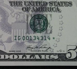 LOW PRINT $5 2006 GEM CU Star Federal Reserve Note IG00134314* five dollar Run 1 - Picture 1 of 3