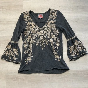Johnny Was Adele Embroidered Jersey Top Charcoal Gray V Neck Small J17018-6 - Picture 1 of 9