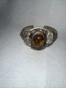 Vintage Silver colored Cuff Bracelet With Lucite Stone Turquoise and coral - Picture 1 of 5
