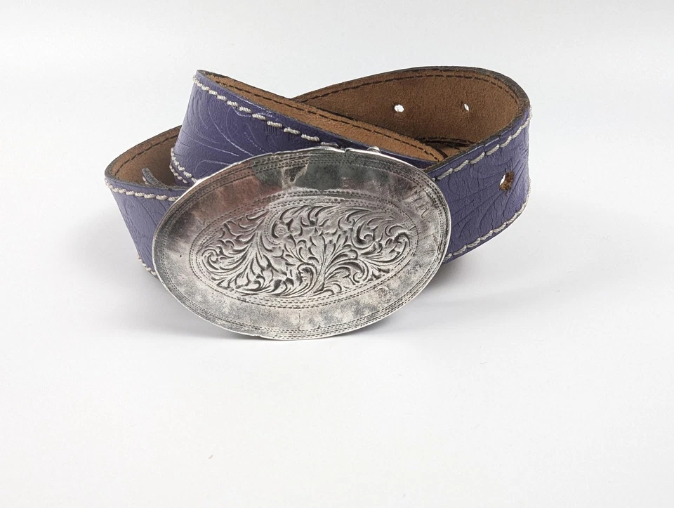 Aviñón Hecho en Francia Cuero Tooled Western Cinturón Hebilla Plateada Púrpura ML Foto 1 de 4