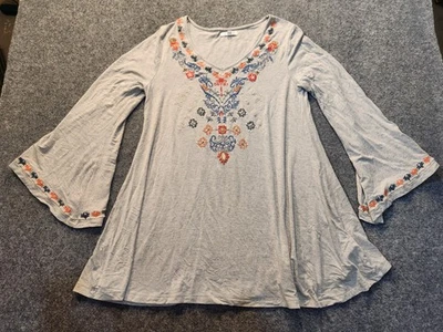 Blusa CAITE Bordada Floral Feminina Túnica Cinza Média Camponesa Boho Flare - Imagem 1 de 4