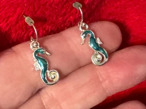 Tiny Teal Colored Seahorse Dangle Earrings - Picture 1 of 3