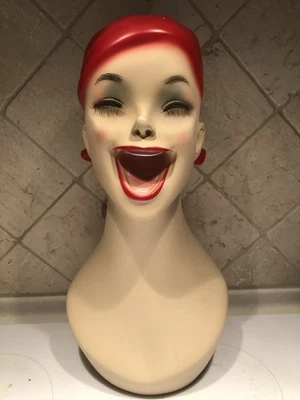 Artistic Vintage Fiberglass Adult Female Smiling Costume Mannequin Head 18.5x9 - Image 1 of 4
