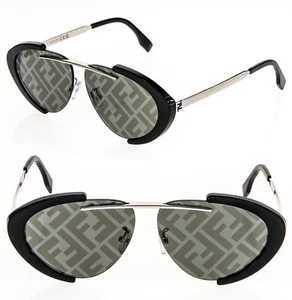 FENDI FENDILAND 40042 Black Silver FF Mirrored Print Unisex Sunglasses FE40042U - Picture 1 of 12