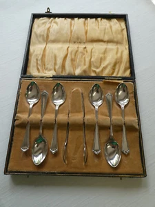 Vintage Art Deco Cased Set James Dixon Sheffield Silver Plate Teaspoons & Tongs - Picture 1 of 14
