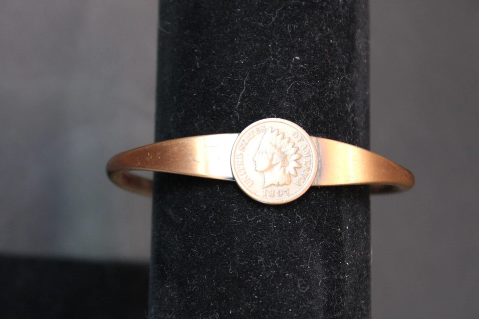 Brazalete de cobre macizo con cabeza de indio de 1897 hecho a mano de colección artritis 6,25 Foto 1 de 3