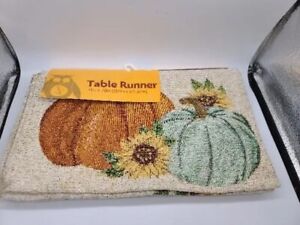 NEW TABLE RUNNER FALL Blue Pumpkin & Sunflowers Tapestry 13 X 70" 