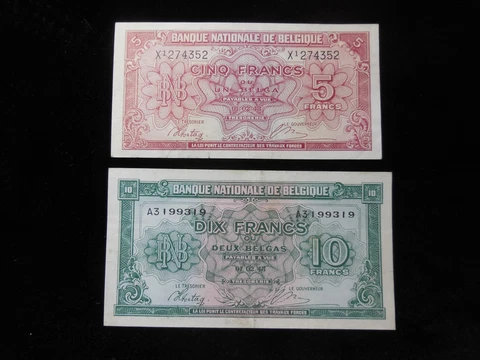 1944 BELGIUM KINGDOM IN EXILE 5 & 10 FRANCS BANKNOTES P-121-122 VF-XF FREE SHIP Cover