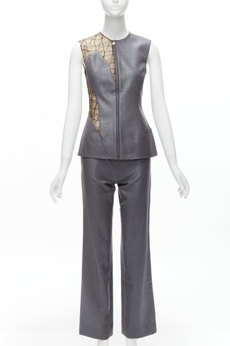 GIANNI VERSACE Vintage Runway grigio nudo pizzo rete illusione gilet pantaloni IT38 XS