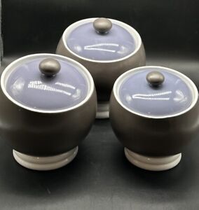 Mid Century Canister Set Pottery 3 Pc Atomic Sphere Orb Charcoal Gray & Violet