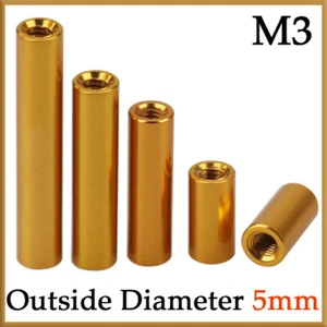 M3 Gold Yellow Aluminum Column Round Threaded Sleeve Stud Standoff Nut OD 5mm - Picture 1 of 8