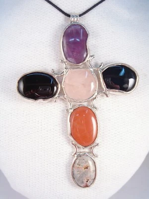 Ciondolo in ARGENTO 925 con PIETRE DURE naturali - Quarzo Ametista Ossidiana - Immagine 1 di 4