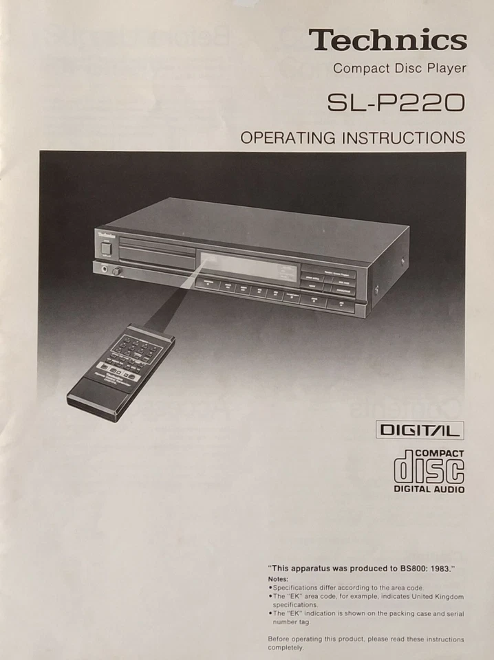 Technics SL-P220 Compact Disc CD Player - Operating Instructions - USER MANUAL - Image 1 of 1