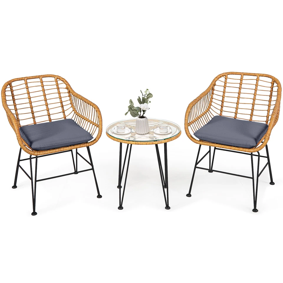 Costway 3PCS Patio Rattan Bistro Furniture Set Cushioned Chair Table Grey