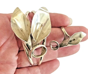 Modernist Sterling Silver .925 Calla Lily Cuff & Ring Set – 28g Artisan Look - Picture 1 of 8