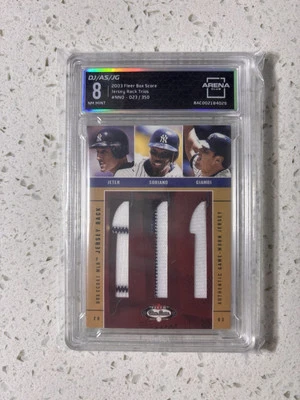 2003 Fleer Box Score- Jersey Rack Trios- Jeter- Soriano- Giambi- Game Work /350 - Image 1 of 2