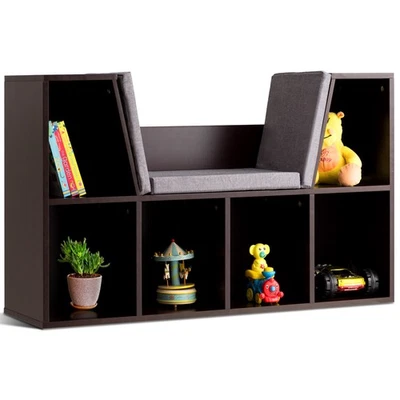 6 Cubby Kid Storage Cabinet Cushioned Bookcase Multi-Purpose Reading Shelf Brown - Image 1 of 4