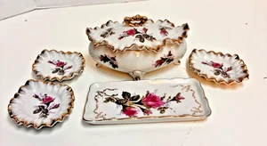 Japan Porcelain Vanity Set Pink Roses Gold Rimmed 4 Trays and Lidded Bowl - Picture 1 of 10