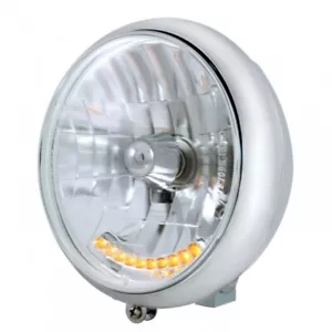 Chrome 7" Motorcycle Grooved Headlight w/ 10 Amber Auxiliary LED Bulb - Picture 1 of 10