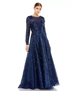 Vestido Mac Duggal 11121 con apliques florales de encaje manga larga talla 18 azul marino $998 - Imagen 1 de 2