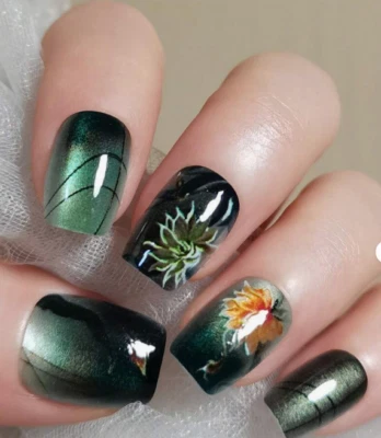 Beautiful Gel Shine, Iridescent Green Nails with Flowers Short - Image 1 of 2