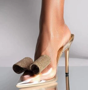 Sexy hohe Damen-Stilettos durchsichtig PVC spitz zulaufend Schleife Knoten Strass neu - Bild 1 von 18