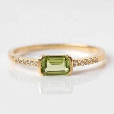 1.34 Ct Peridot & Natural Diamond Bezel Ring 14k Solid Yellow Gold - Image 1 of 4