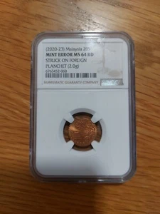 Mint Error (2022~23) Malaysia 20 Sen Struck On Foreign Planchet (2g) NGC MS65RD - Picture 1 of 6