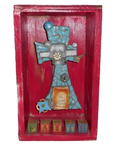 Cross Sculpture Statue Assemblage Faith Large Folk Art Mosaic Pink Turquoise - Picture 1 of 12