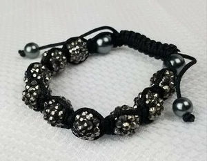 Silver Sparkling Crystal Pave Ball Bead HQ WomenMen Bracelet Black Cord - Picture 1 of 7
